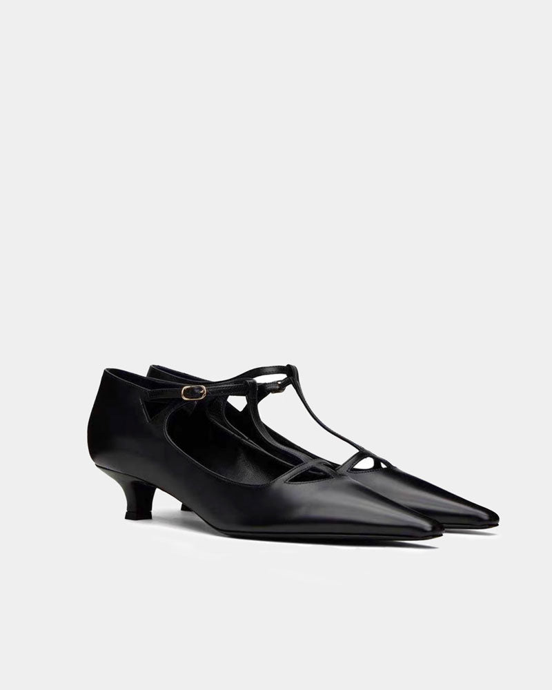 pair of black leather kitten heels with t-strap