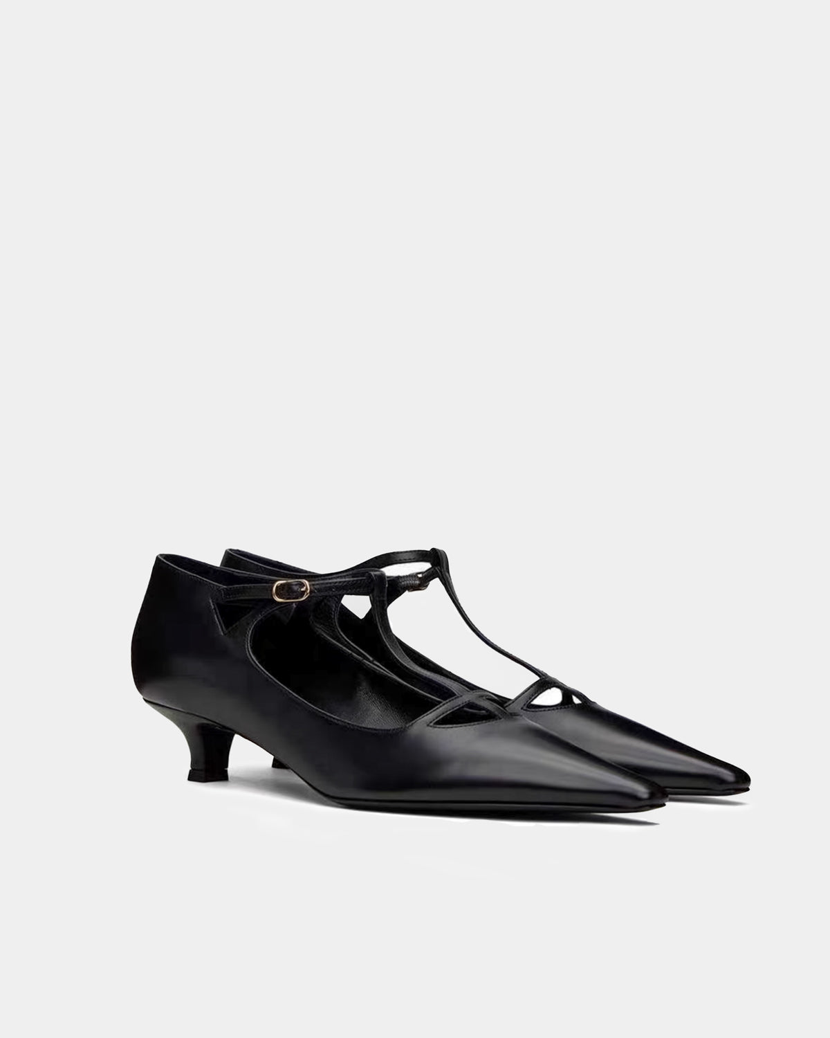 Black leather kitten heels with t-strap women's dress shoes