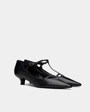 pair of black leather kitten heels with t-strap