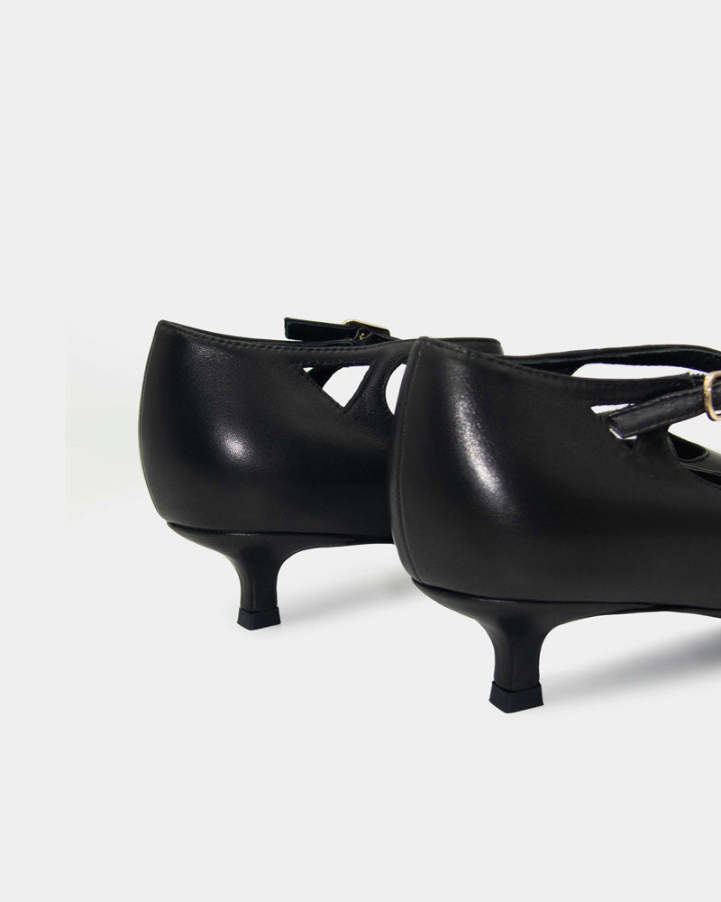 Back view of black kitten heels in leather