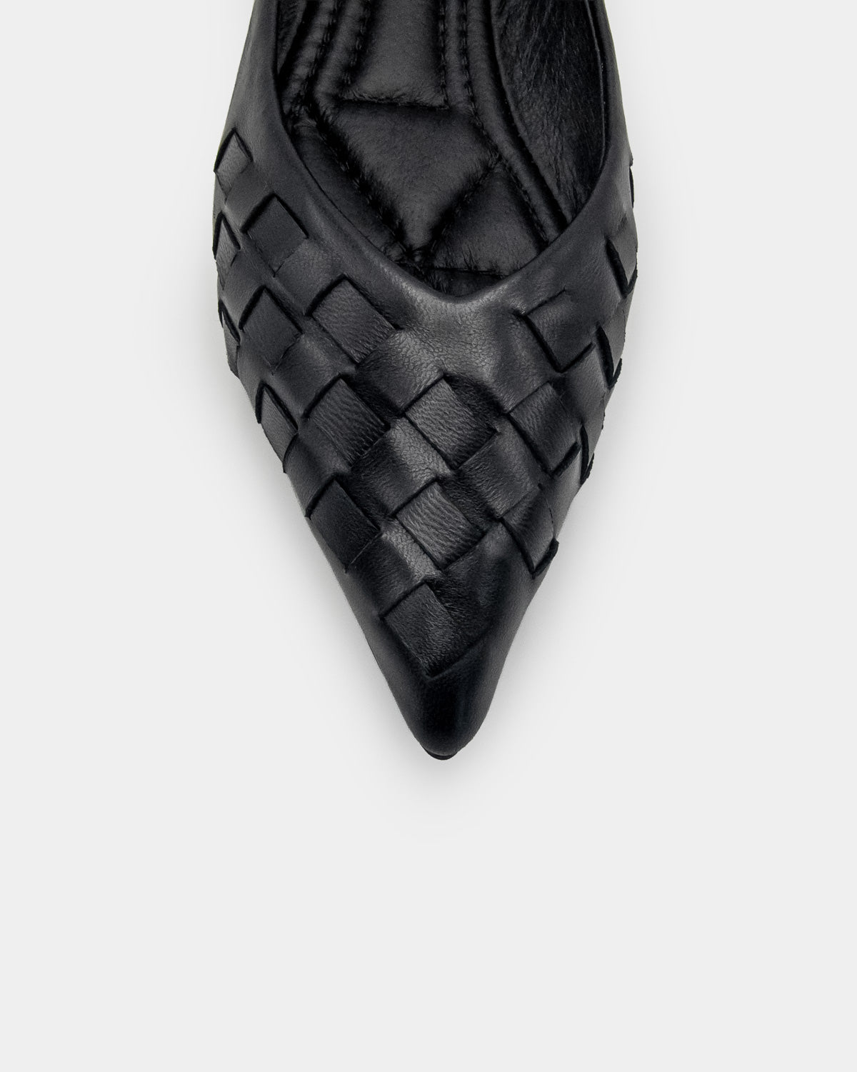 Ladies' black woven pointed toe leather ballet flats with cushioned footbed