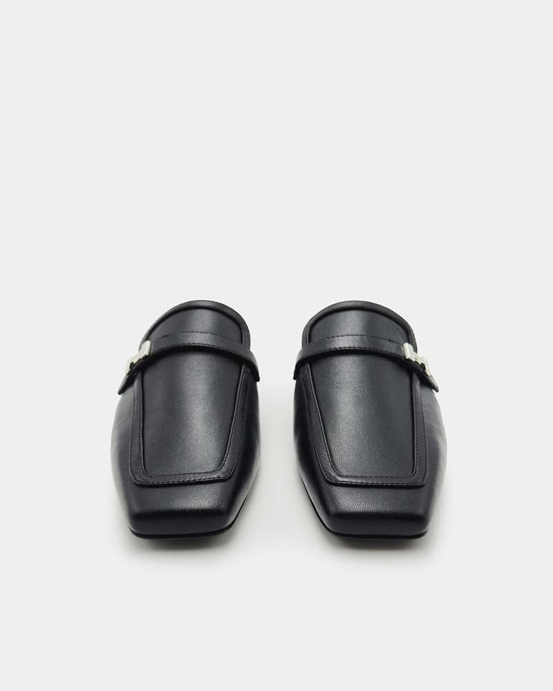 Versatile black leather loafer mules with modern square toe 