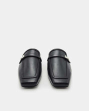 Versatile black leather loafer mules with modern square toe 