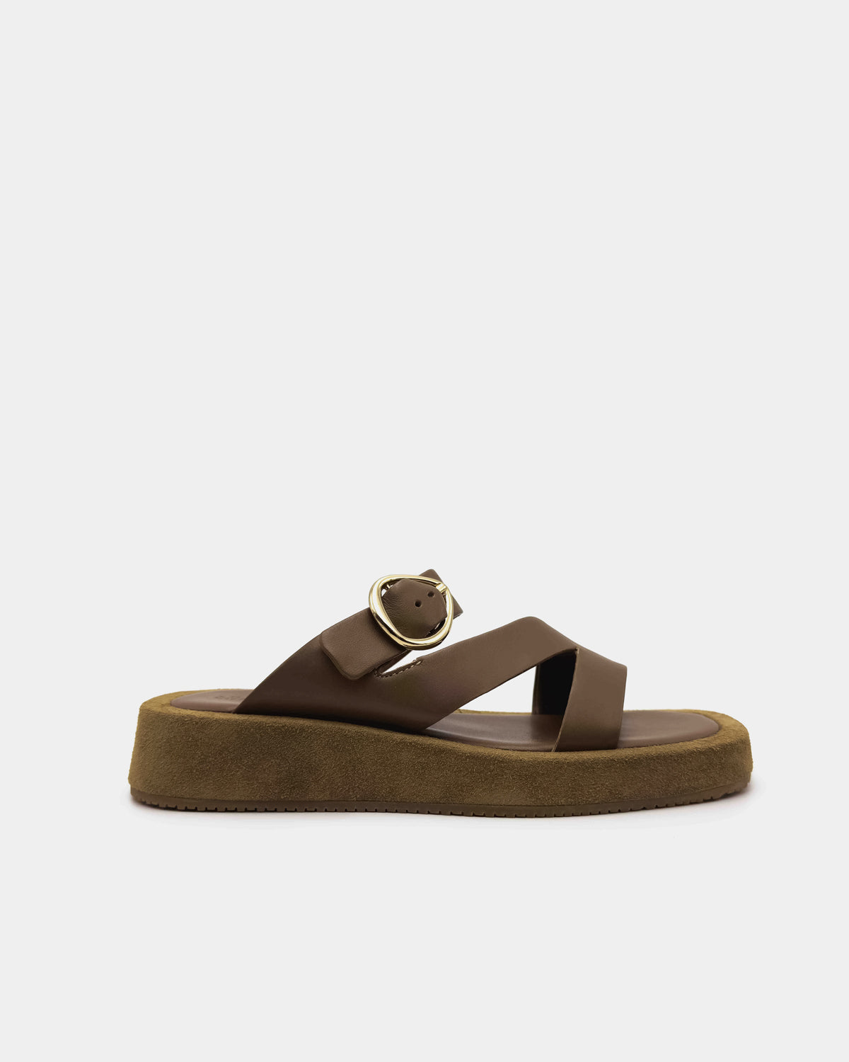 Brown sandal with a gold buckle and straps
