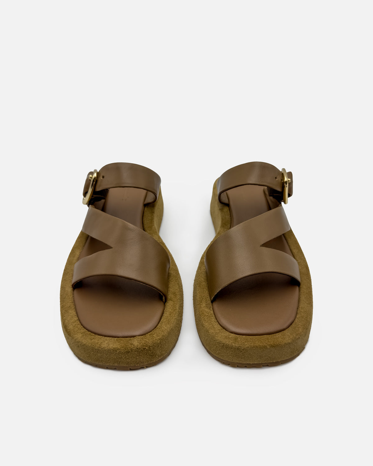 Pair of brown sandals with arch support platform