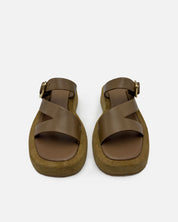 Pair of brown sandals with arch support platform