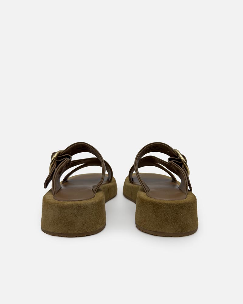 Pair of brown platform sandals in suede leather and straps