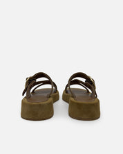 Pair of brown platform sandals in suede leather and straps