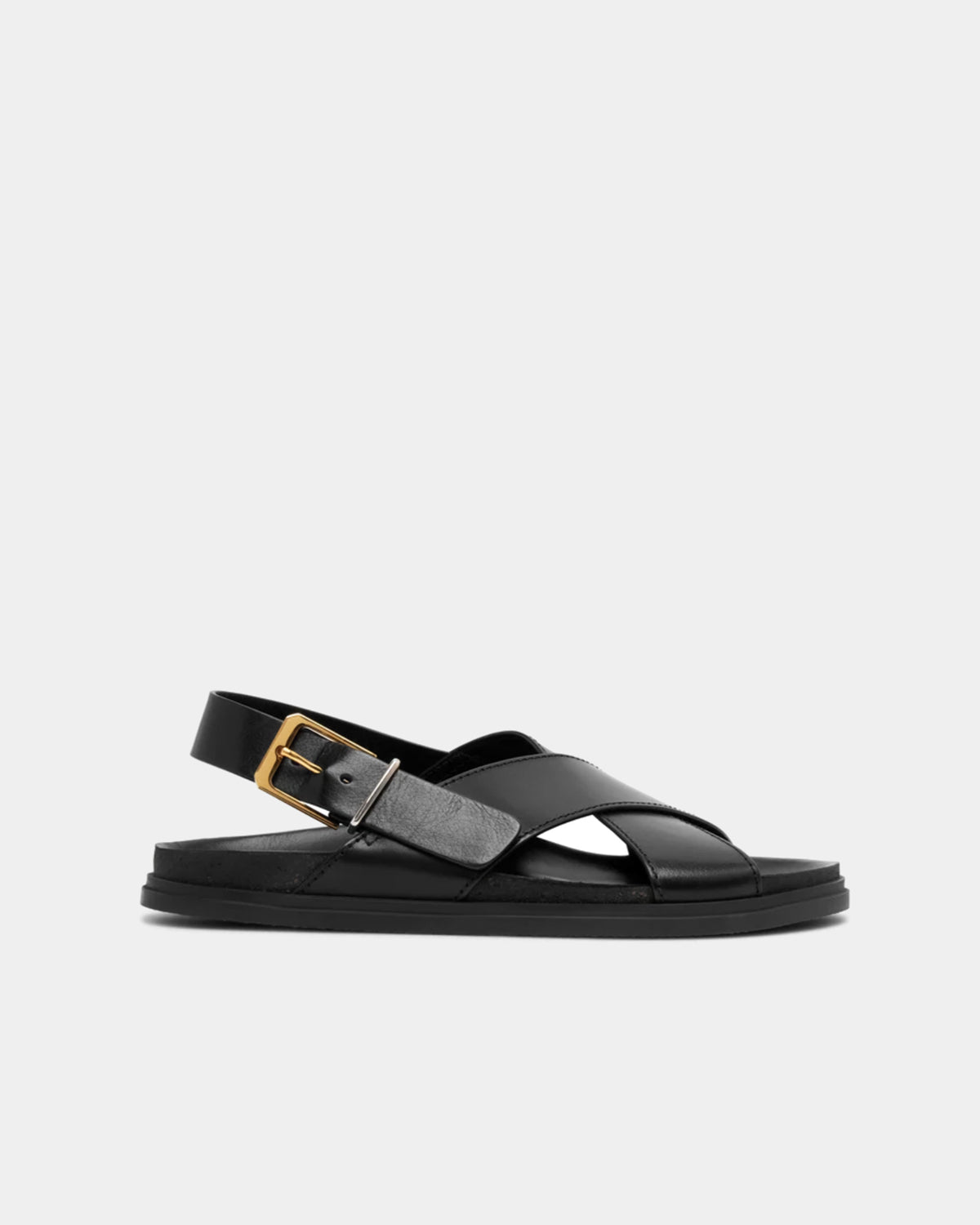 Women's black leather sandals with buckle straps