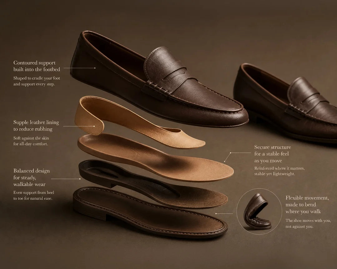 Brown loafers with detailed features highlighted on a brown background