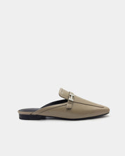 Side view of beige leather mule shoes for women