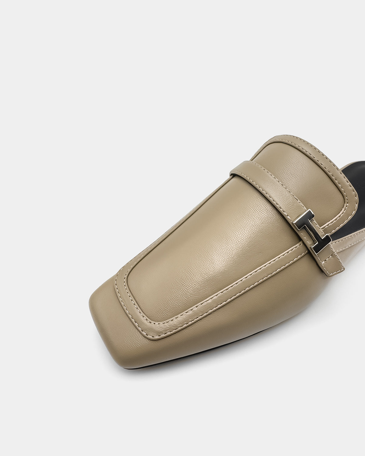 Beige khaki leather mule shoes women's square toe flat mules