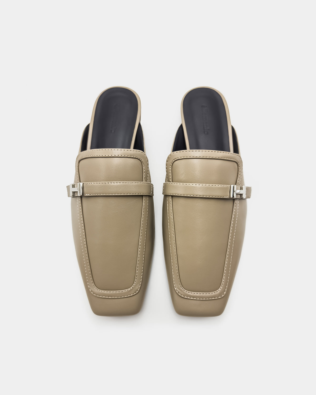 Khaki leather flat mules shoes for women supportive cushioned footbed