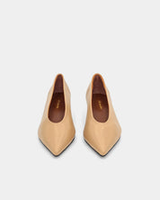 Chic beige kitten heel pumps with slender silhouette, ideal as tan heels for weddings or office wear.