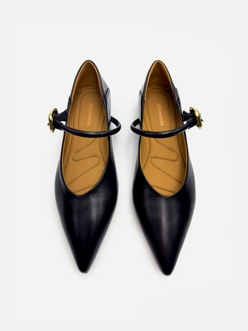 top view of black Mary Jane flats with gold buckle strap