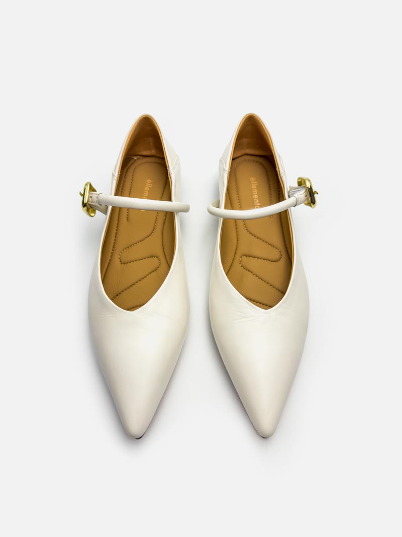 Top view of white Mary Jane shoes with pointed toe 