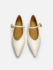 Top view of white Mary Jane shoes with pointed toe 