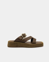 side view of brown suede sandals for women