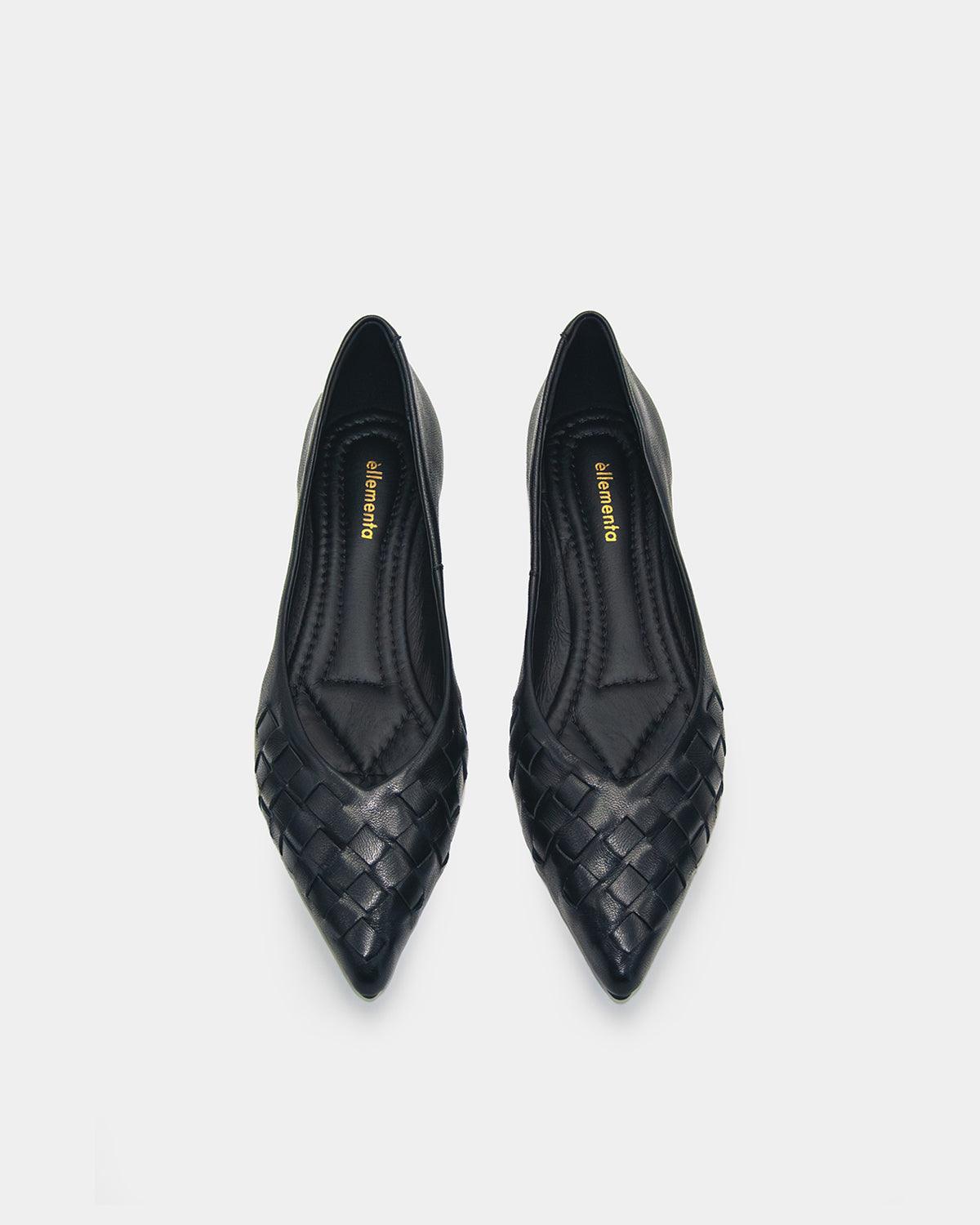 Pointed toe flats in woven style with  cushion support for all day comfort at work