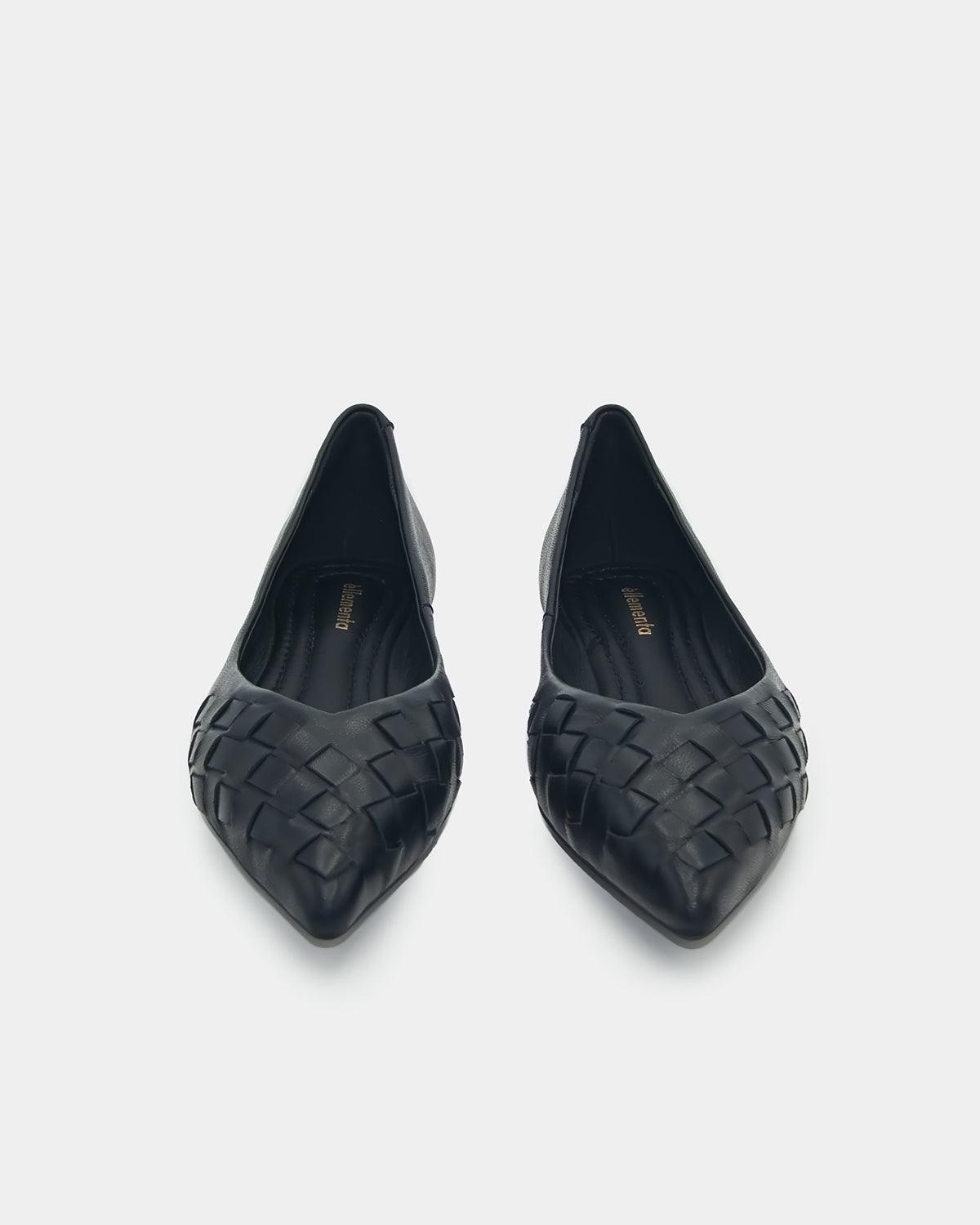 Black woven leather pointed toe flats, elegant comfort for all day