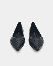 Black woven leather pointed toe flats, elegant comfort for all day