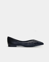 Side view of black pointed toe flats with woven detail