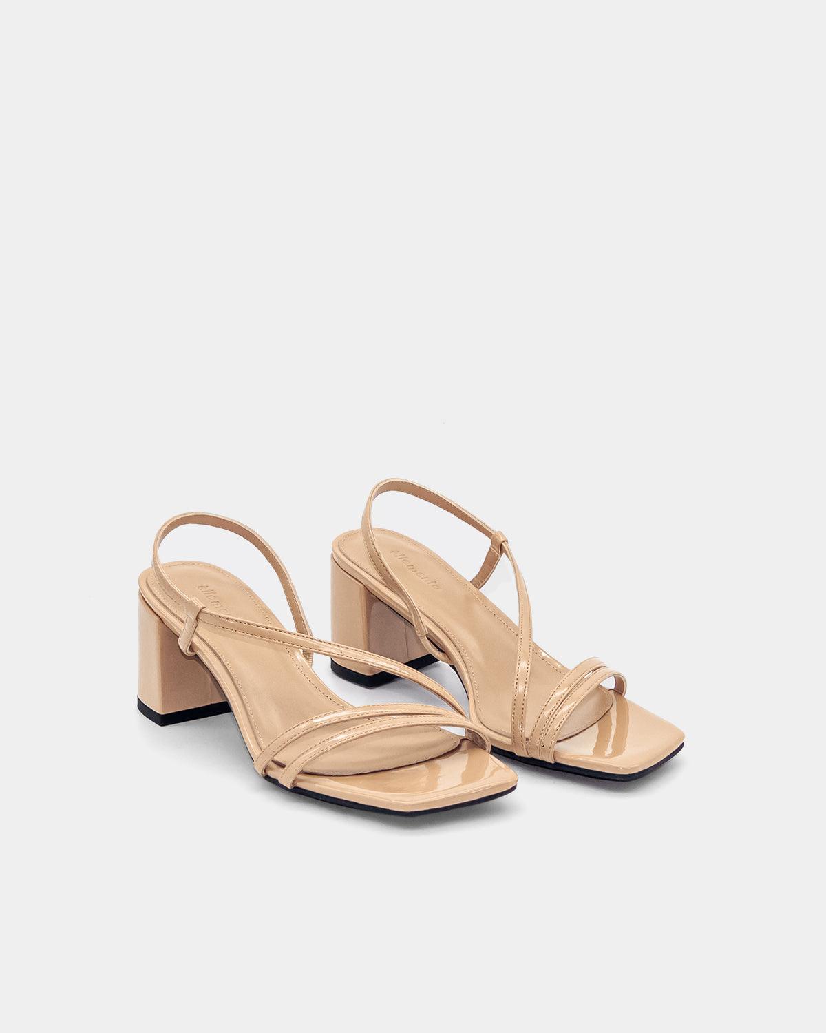 Beige strappy sandals block heel patent leather 