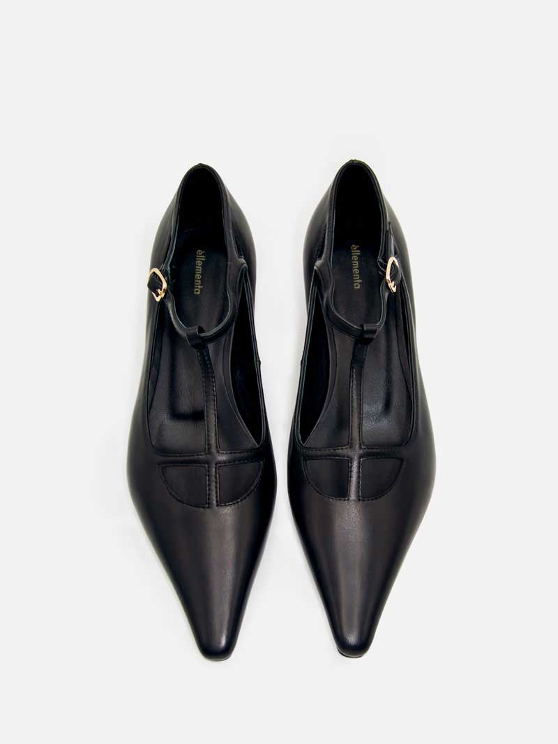 black kitten heel with t bar strap design