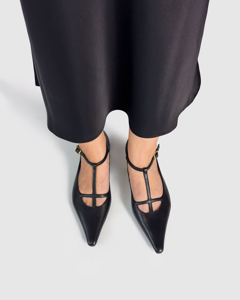 stylish kitten heels with t strap in black, ideal evening and party heels for women