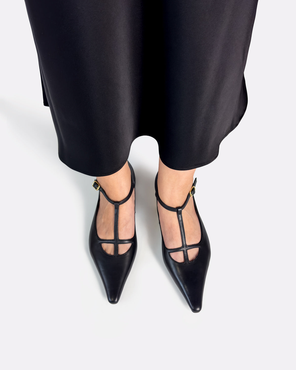 T-strap black leather kitten heels pointed toe