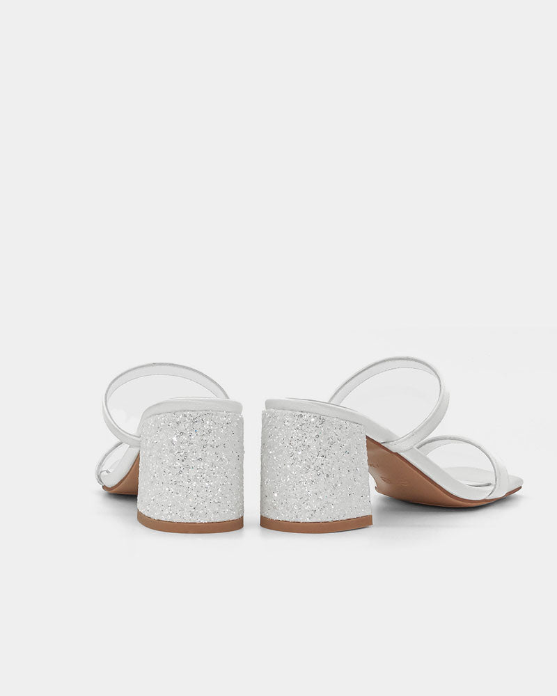 Pair of glitter block heel slide sandals in white