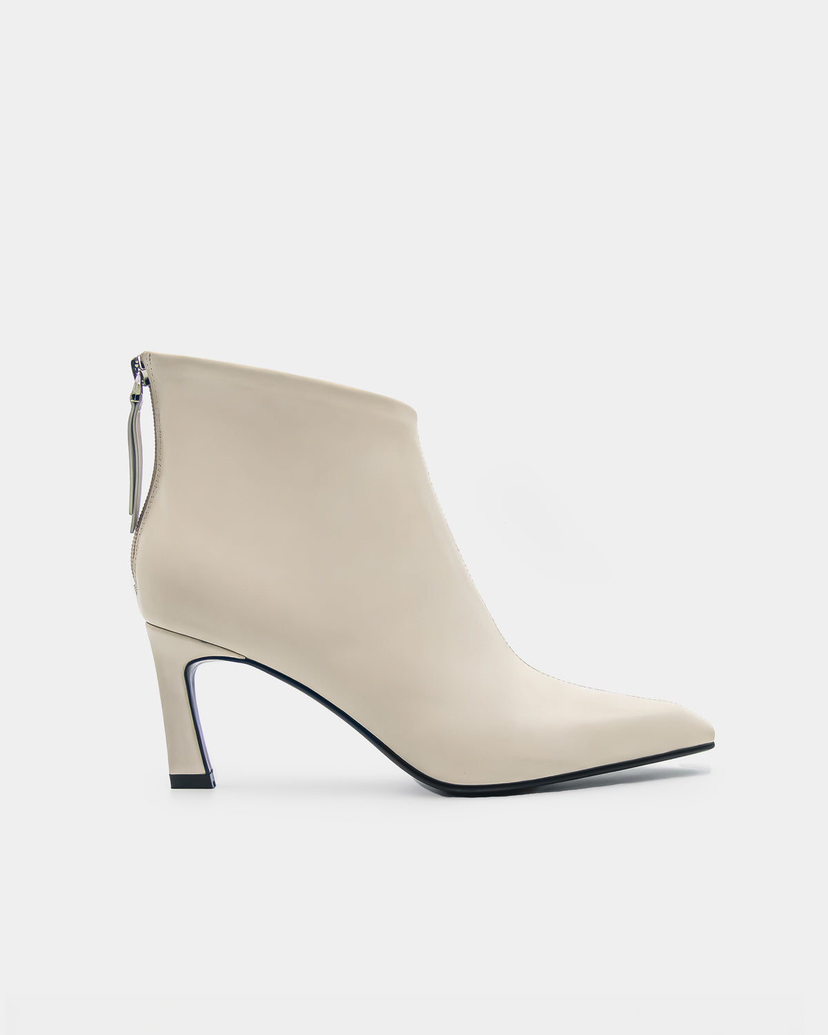 Withe leather heeled ankle boots for women with pointed toe and cushioned footbed