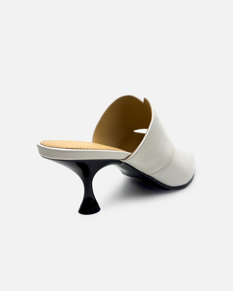 Side view of white mules with kitten heel