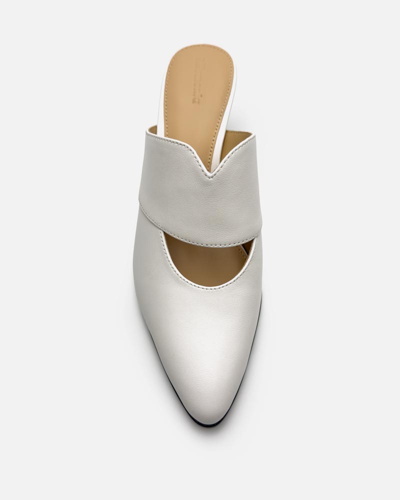 Top view of white mules in leather