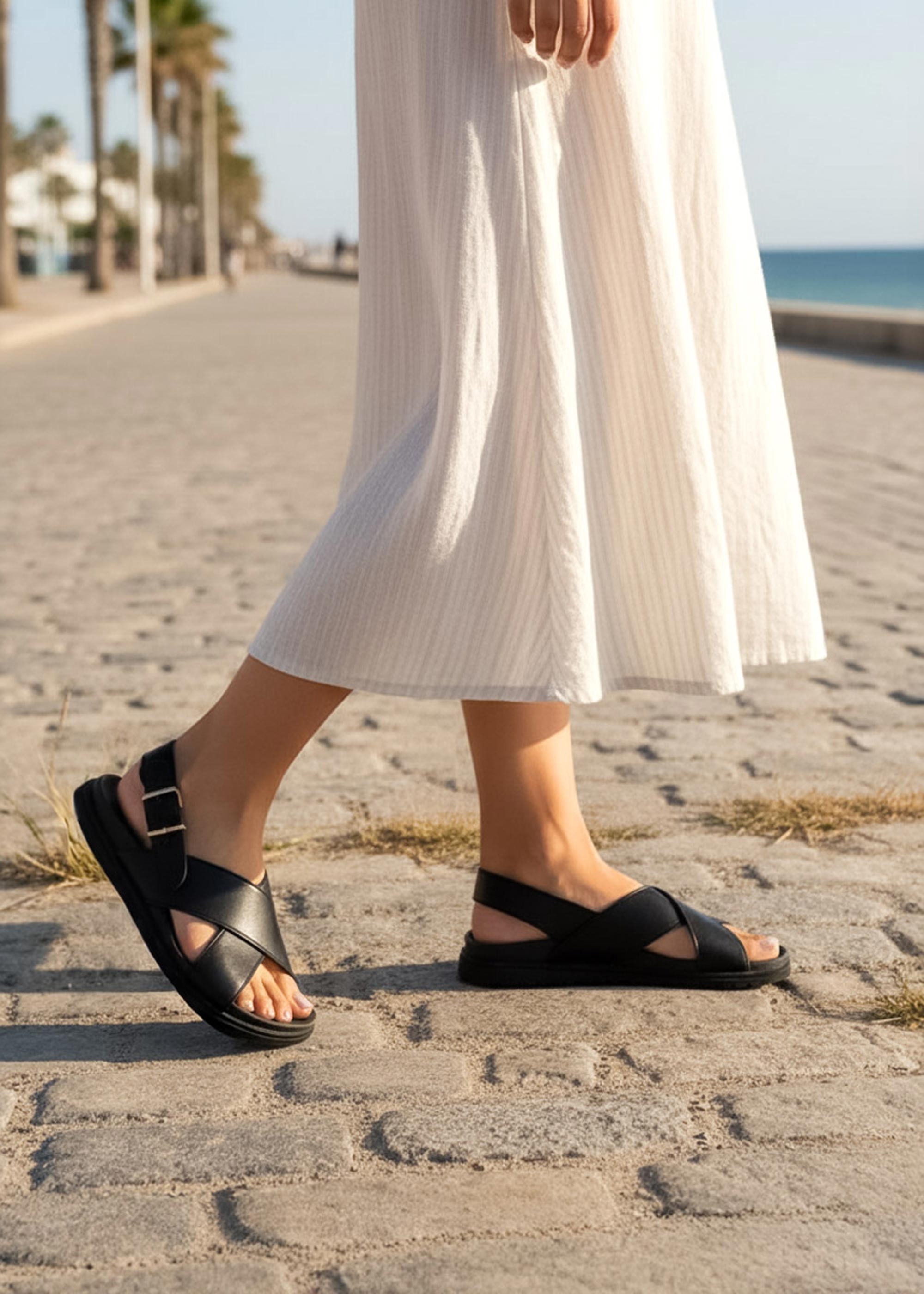 Women's black leather sandals flat with arch support for walking Australia