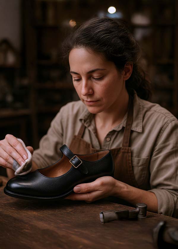 Woman in a shoe workshop cleaning a leather shoe with a cloth.