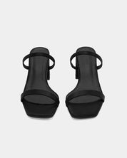 black slides with satin straps for women