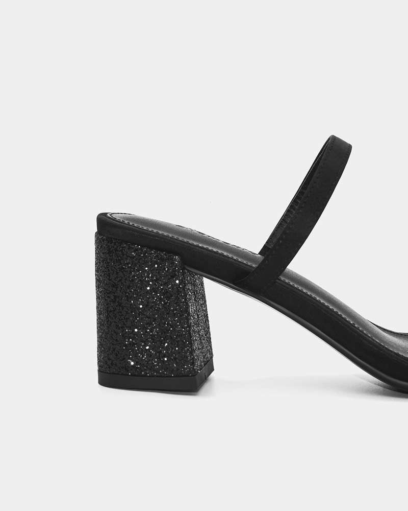 black slide sandals with glitter block heels