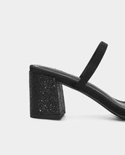 black slide sandals with glitter block heels