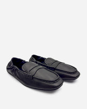 Black leather elastic loafers with sleek line design women Australia