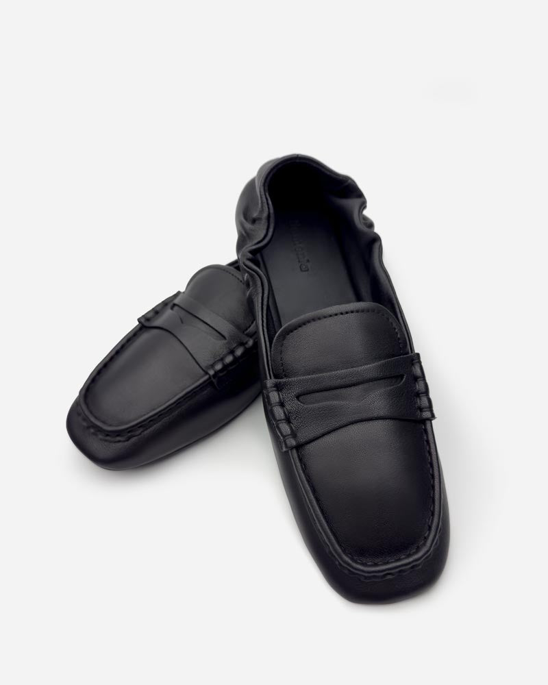 Black leather loafers with cushioned footbed for all day comfort women's