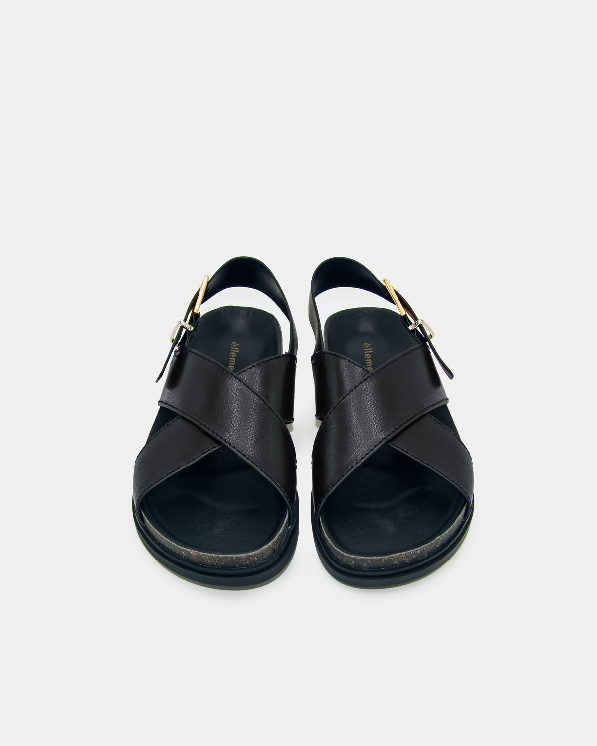 Black leather sandals for women with cork footbed covered by leather