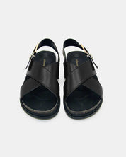 Black leather sandals for women with cork footbed covered by leather