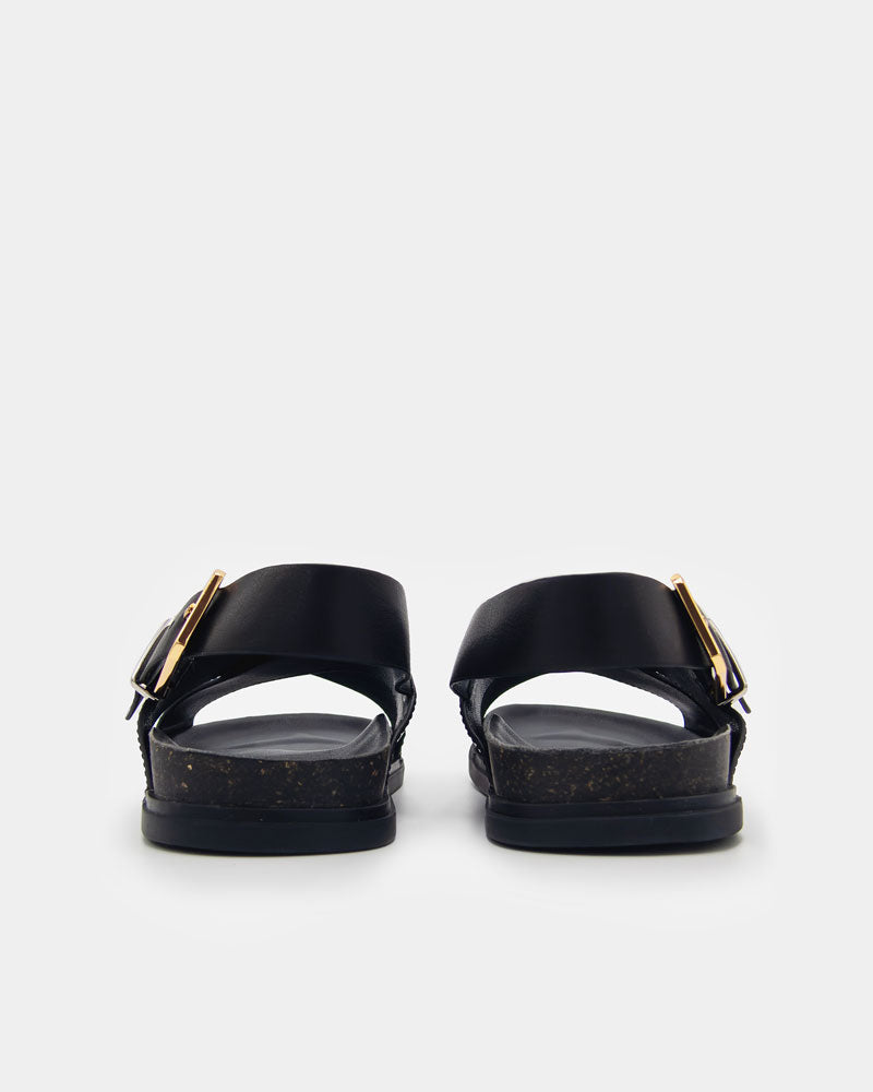 Black sandals with buckles and arch support footbed