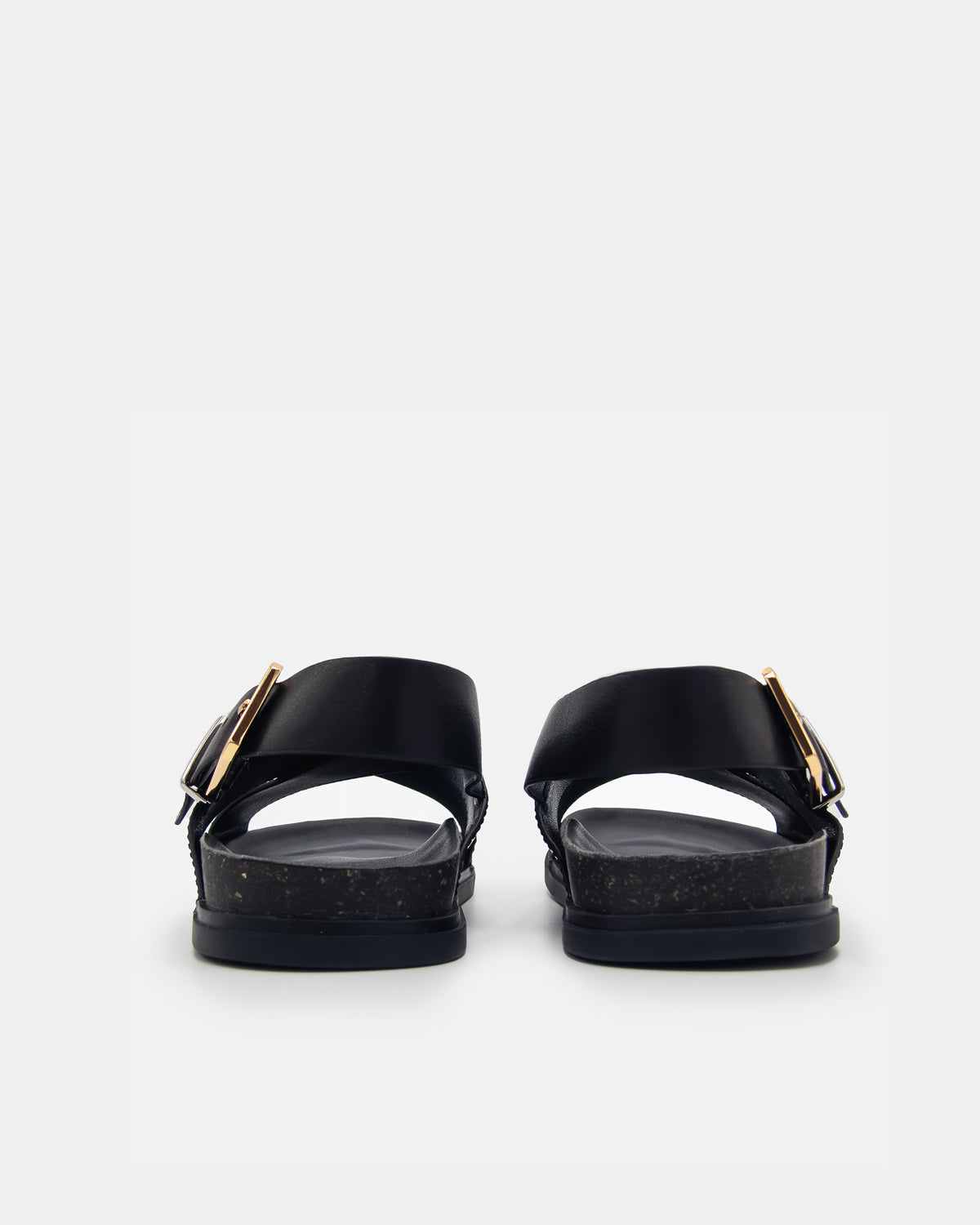 Black sandals with buckles and arch support footbed