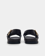 Black sandals with buckles and arch support footbed