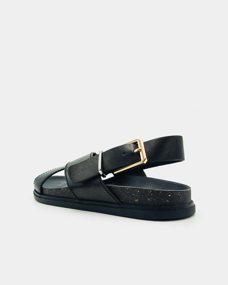 Women's black leather sandals with arch and forefoot support 