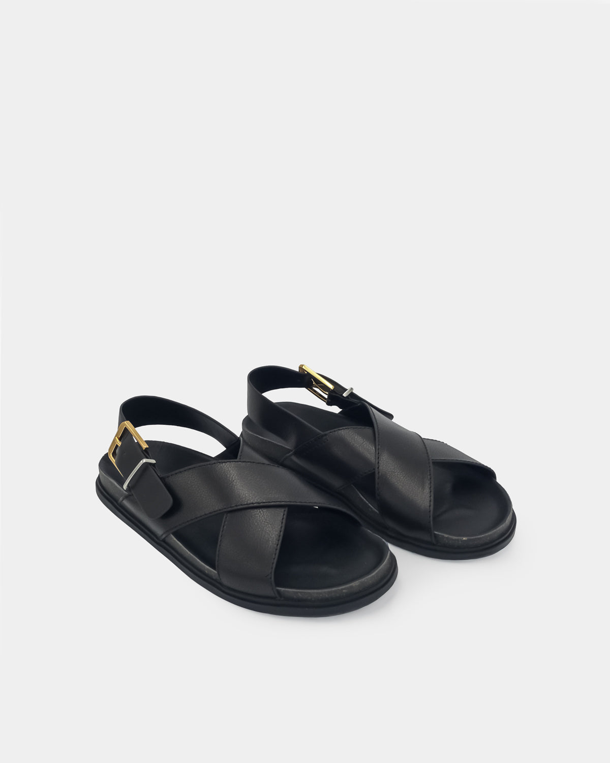 Women's black leather sandals with buckle strap with crossover design