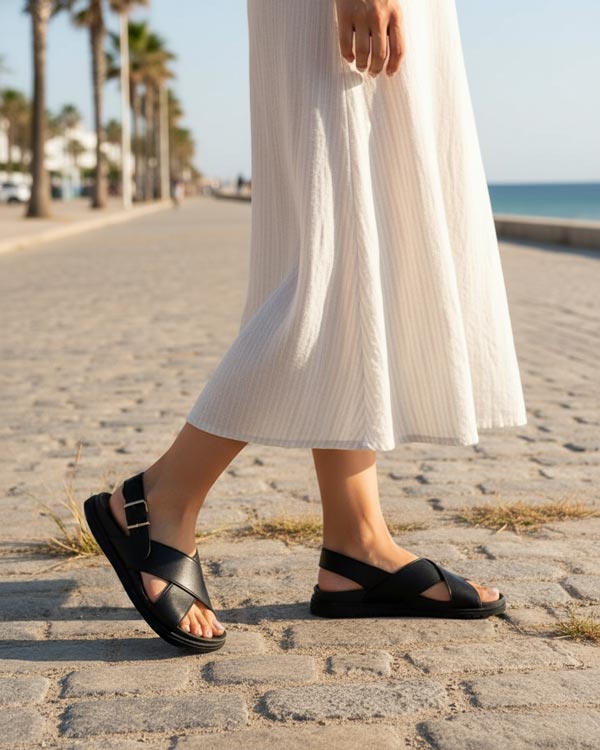 Woman wearing black leather sandals with  comfort cork footbed 