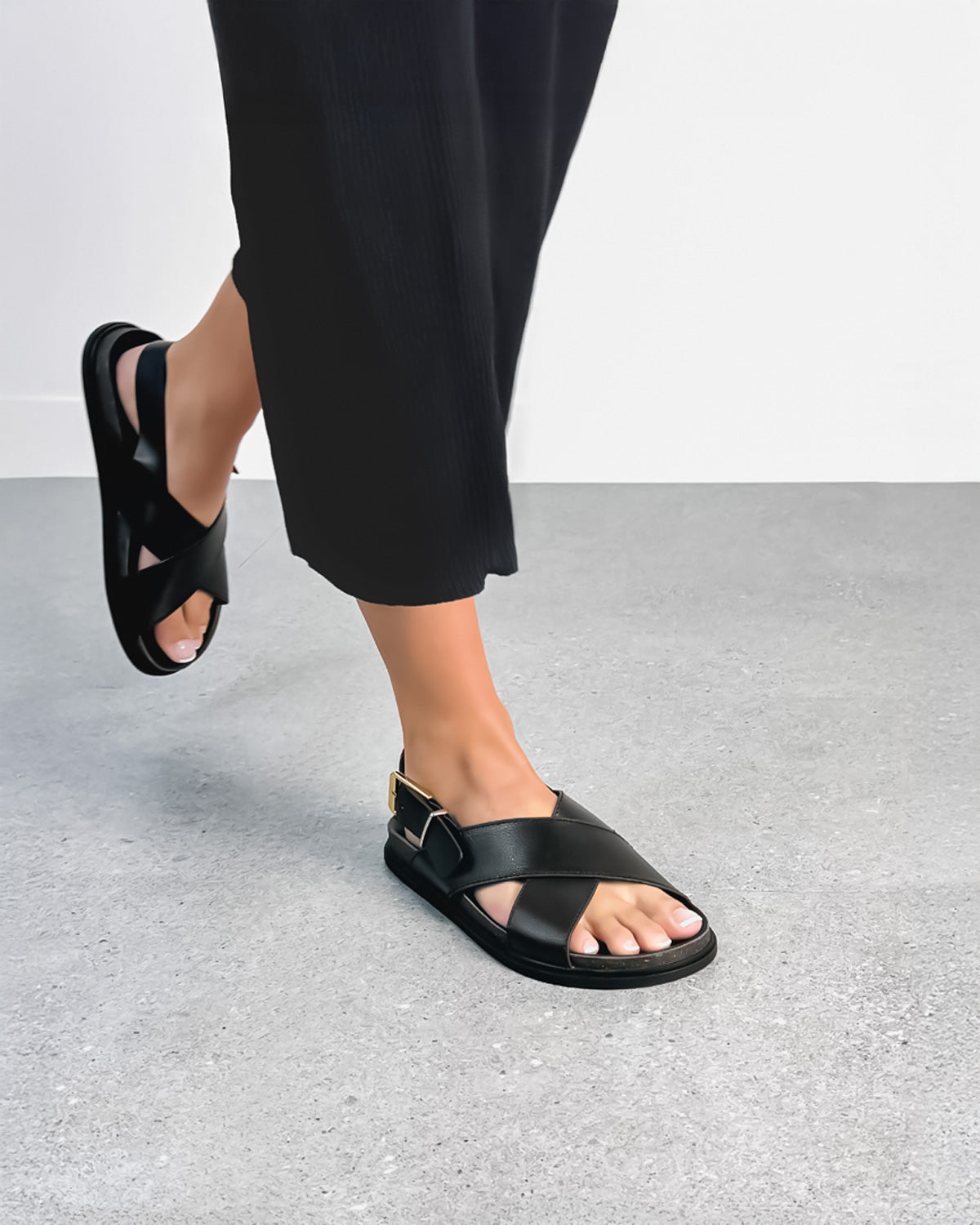 Comfortable black leather sandals for women flat sandals with arch support Australia